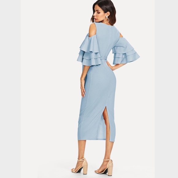 Cold Shoulder Ruffle Detail Pencil Midi Belt Dress - Picture 4 of 8